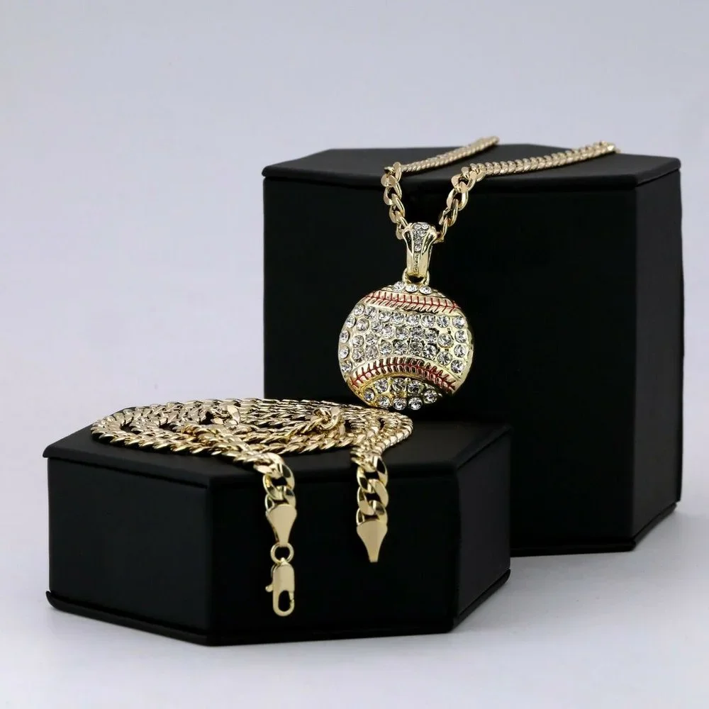 Men's 14k Gold Baseball Stamped Pendant + Cuban Necklace Iced - Picture 2 of 4